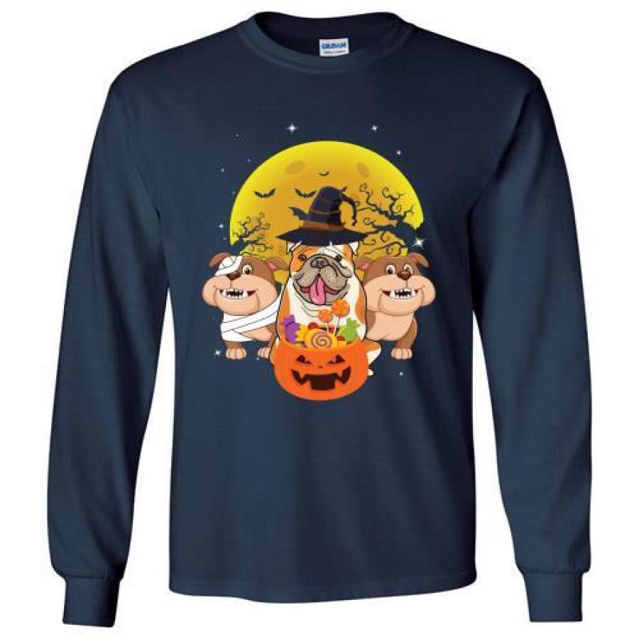 Bulldog Mummy Witch Dog Moon Ghosts Halloween Long Shirt