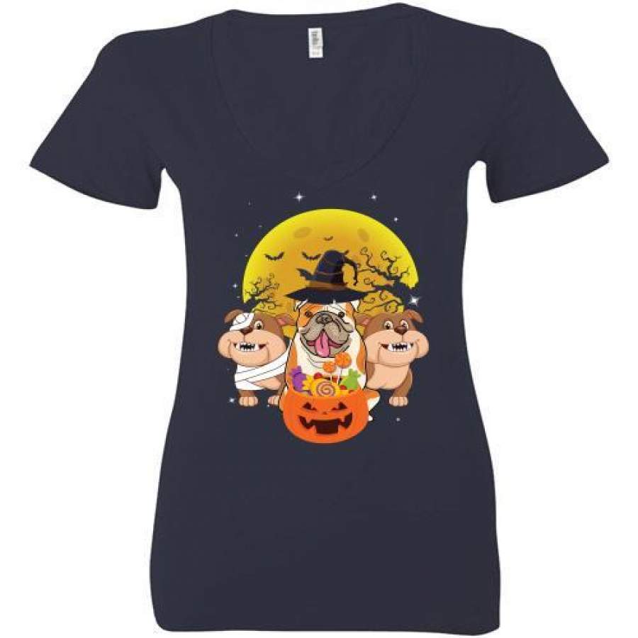 Bulldog Mummy Witch Dog Moon Ghosts Halloween Ladies Deep V-Neck