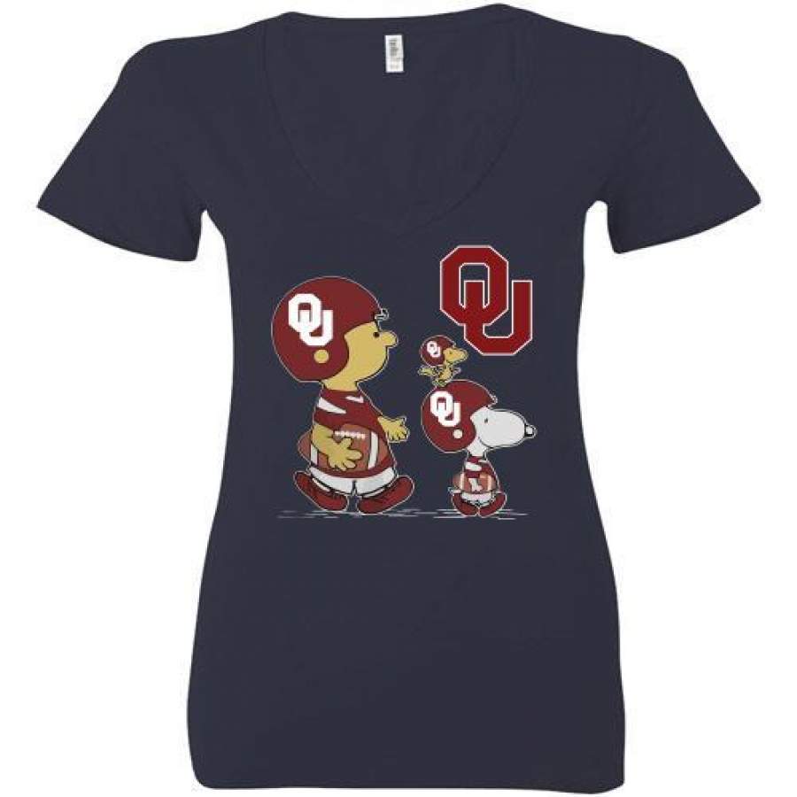 Charlie Brown Snoopy and Woodstock Oklahoma Sooners Football Ladies Deep V-Neck