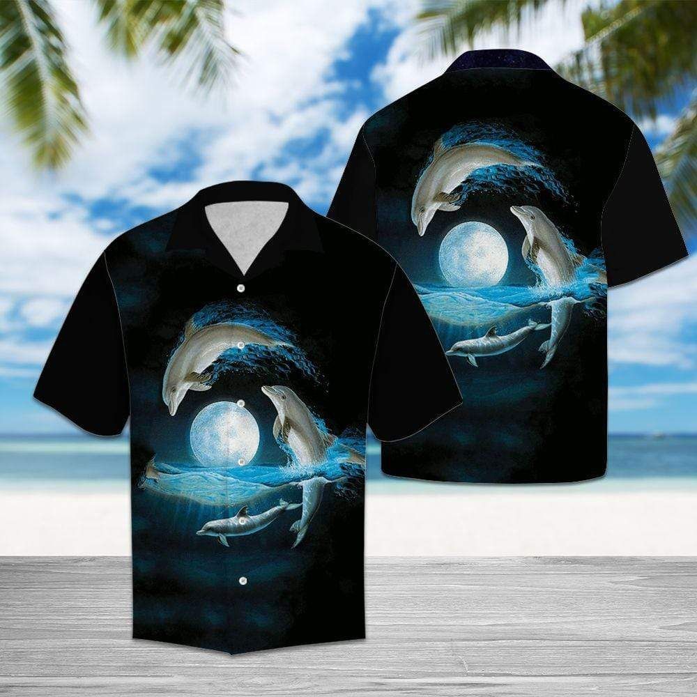 Cover your body with amazing Dolphins With The Moon Hawaiian Aloha Shirts