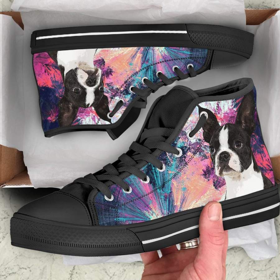 Boston Terrier Dog Sneakers Colorful High Top Shoes Gift Idea PT19