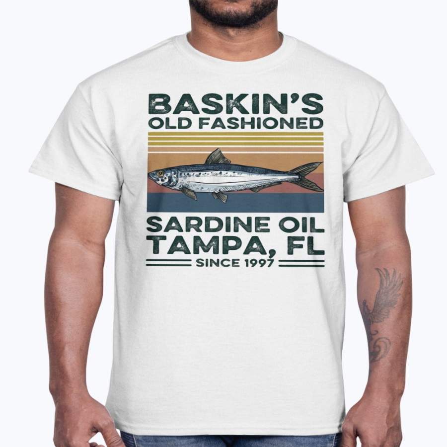 FISH BASKIN’S OLD FASHIONED SARDINE OIL TAMPA FL SINCE 1997 VINTAGE SHIRT