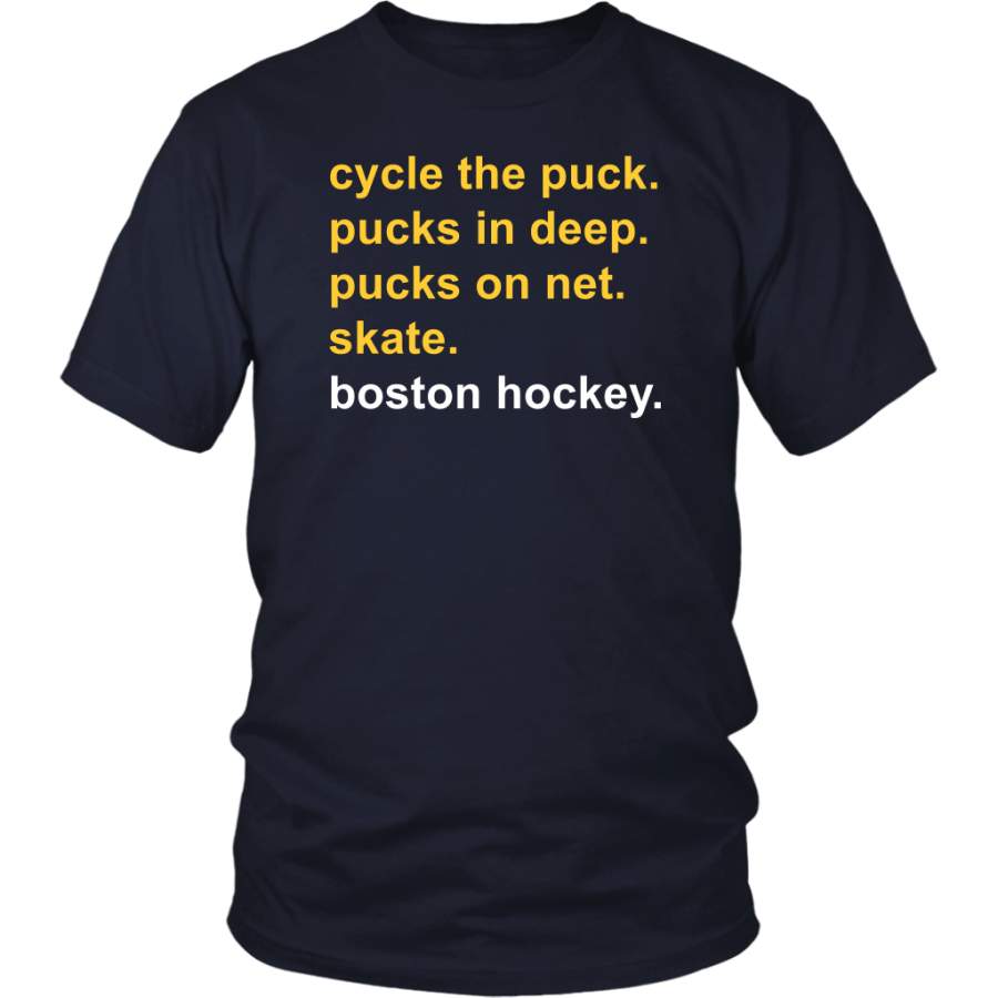 cycle the puck – pucks in deep – pucks on net – skate – boston hockey shirt