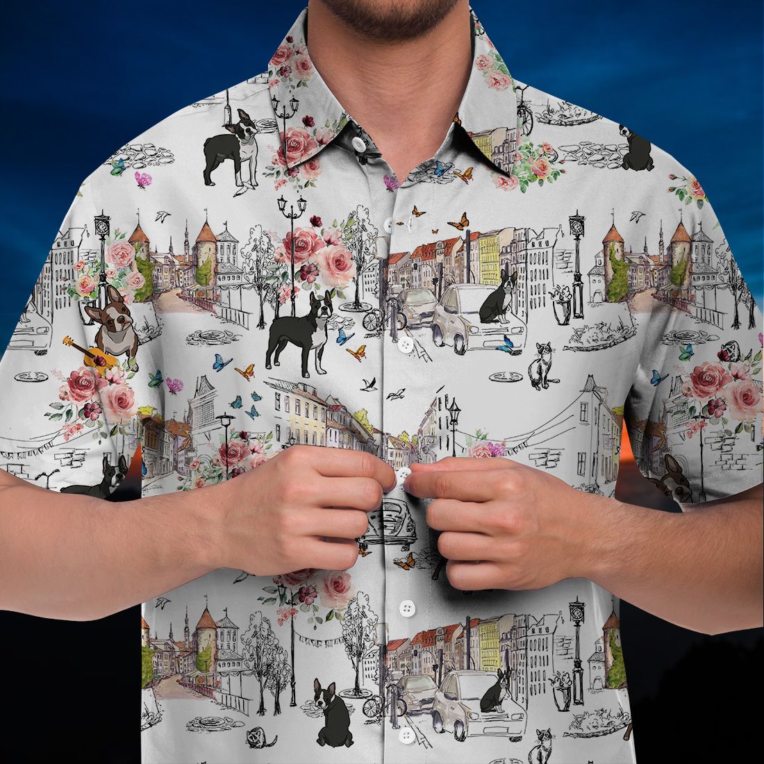 Boston Terrier Hawaiian Shirt Flower City Art