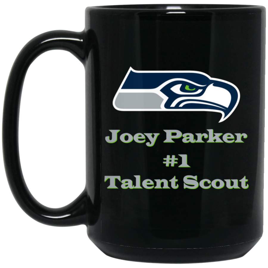 Custom Personalized Seattle Seahawks Silver Text Joey Parker BM15OZ 15 oz. Black Mug