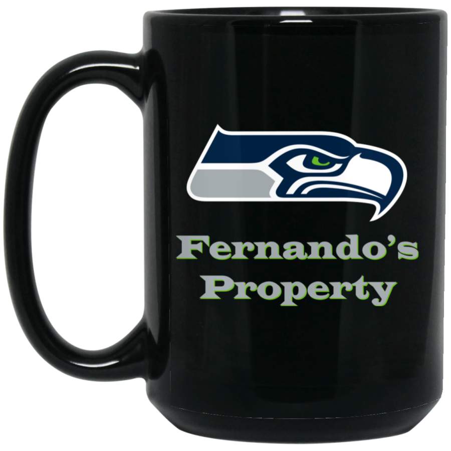 Custom Personalized Seattle Seahawks Silver Text Fernando??s BM15OZ 15 oz. Black Mug