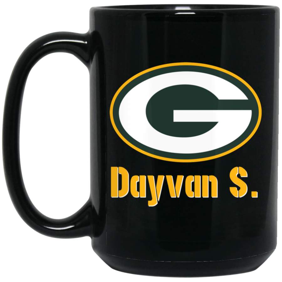 Custom Personalized Green Bay Packer Yellow-White Text Dayvan BM15OZ 15 oz. Black Mug