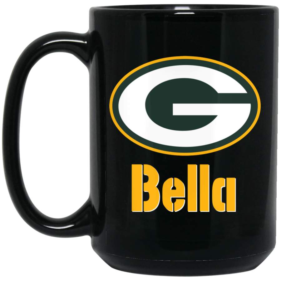 Custom Personalized Green Bay Packer Yellow-White Text Bella BM15OZ 15 oz. Black Mug