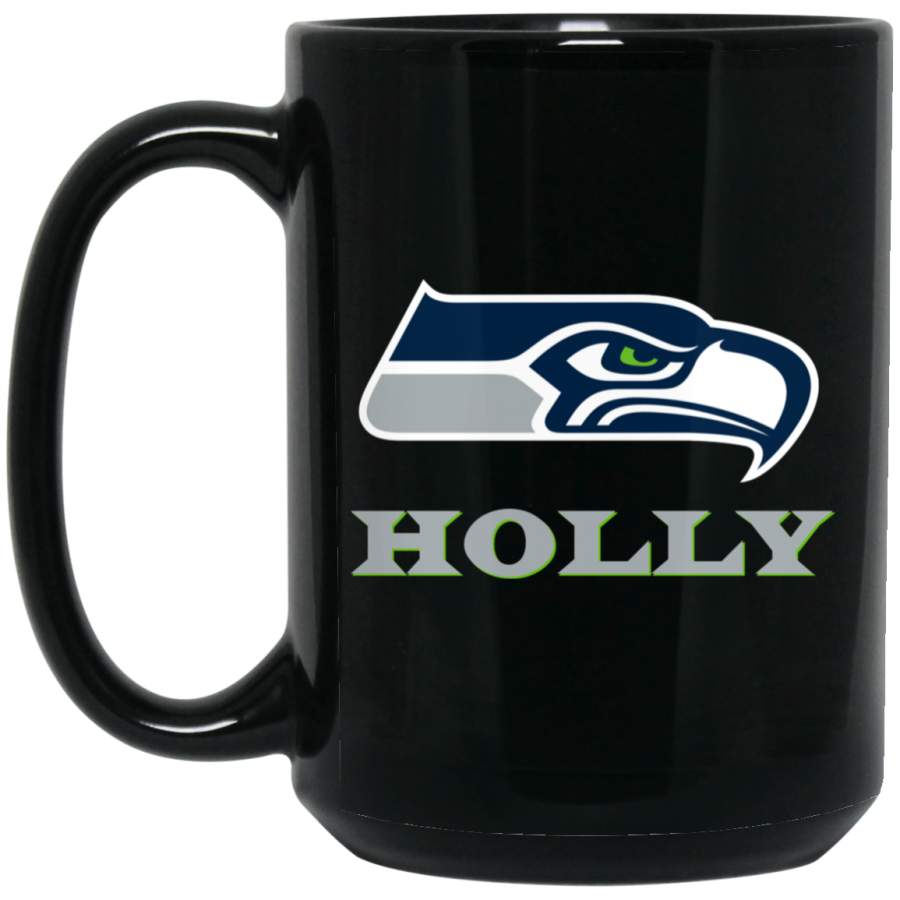 Custom Personalized Seattle Seahawks Silver Text HOLLY BM15OZ 15 oz. Black Mug