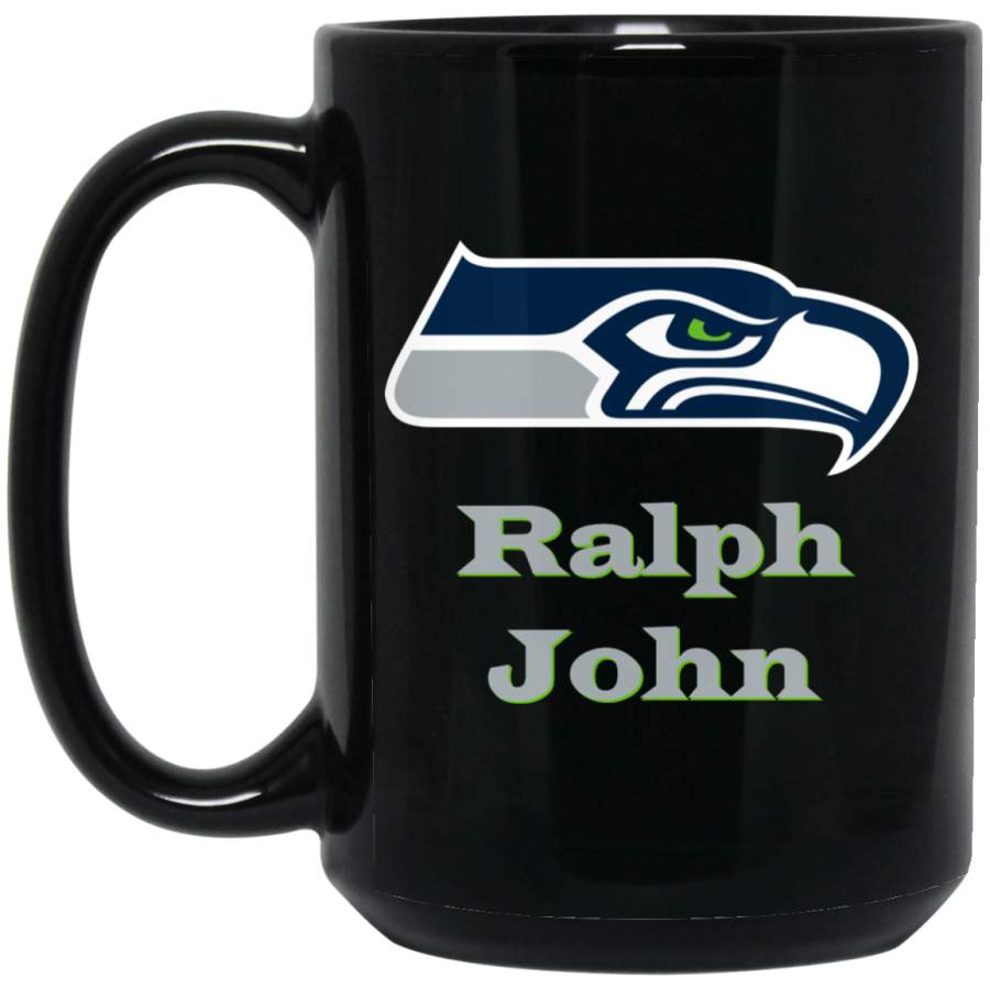 Custom Personalized Seattle Seahawks Silver Text Ralph John v2 BM15OZ 15 oz. Black Mug