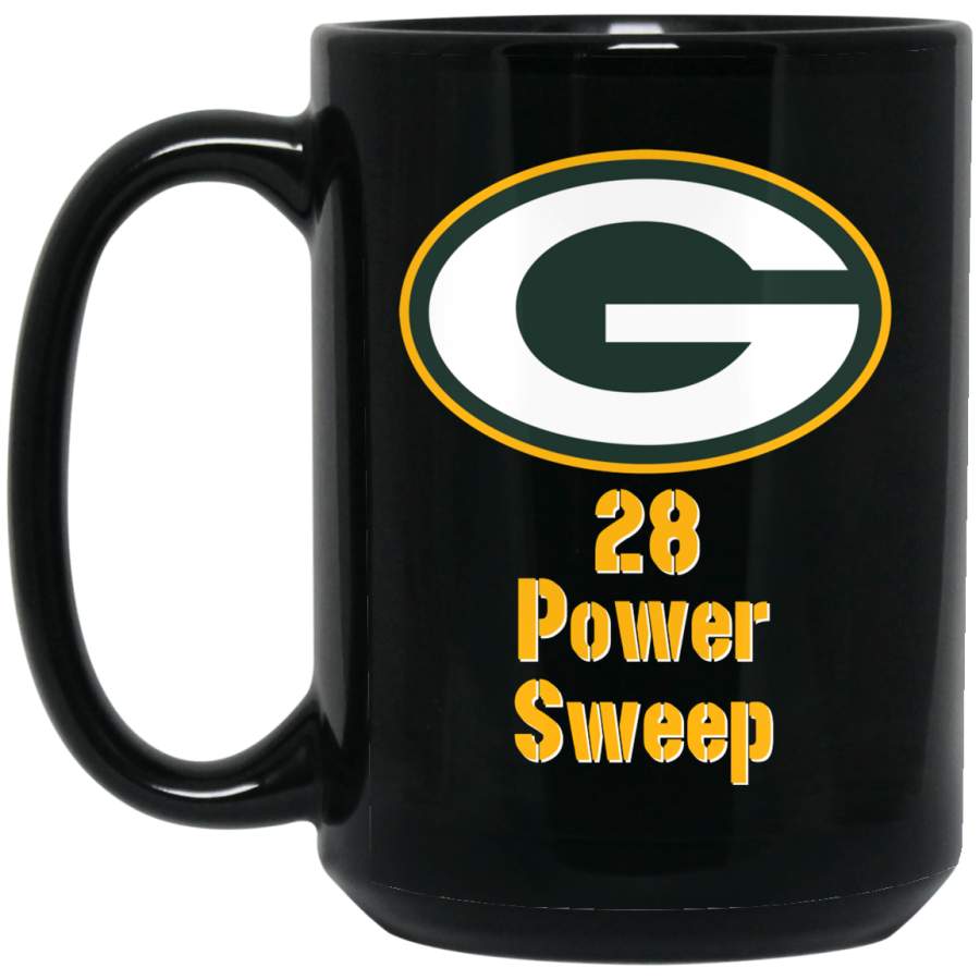 Custom Personalized Green Bay Packer Yellow-White Text 28 Power Sweep BM15OZ 15 oz. Black Mug