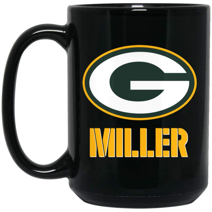 Custom Personalized Green Bay Packer Yellow-White Text Miller BM15OZ 15 oz. Black Mug