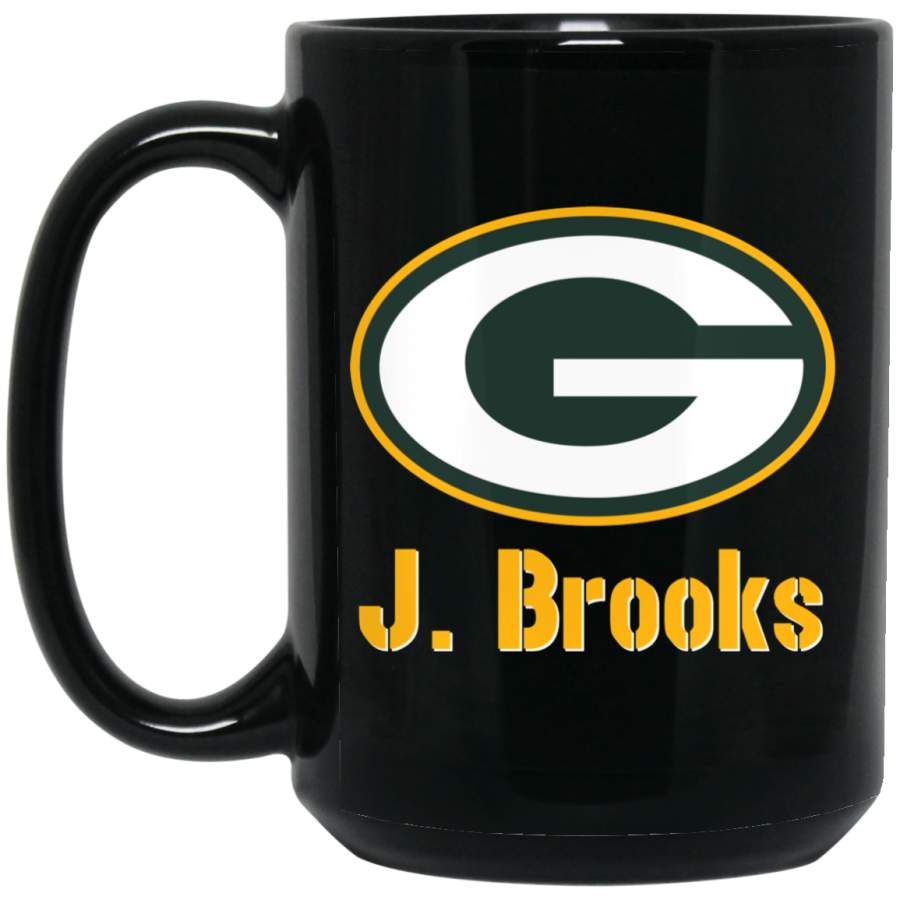 Custom Personalized Green Bay Packer Yellow-White Text J-Brooks BM15OZ 15 oz. Black Mug