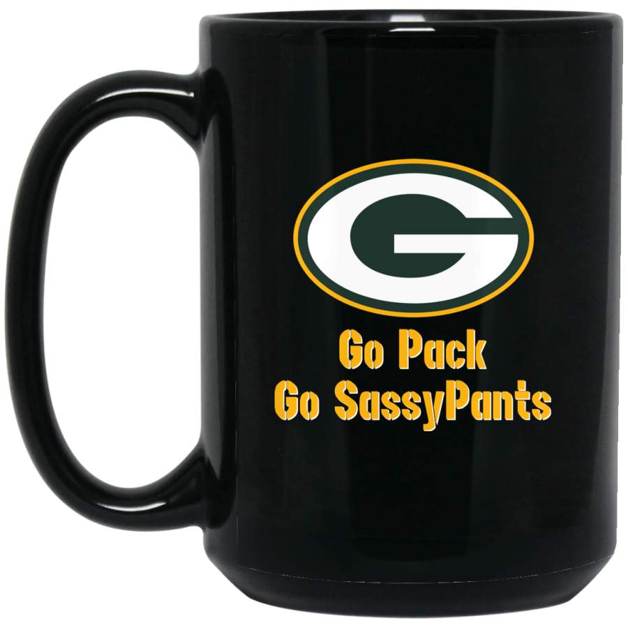 Custom Personalized Green Bay Packer Yellow-White Text Go Pack Go SassyPants BM15OZ 15 oz. Black Mug