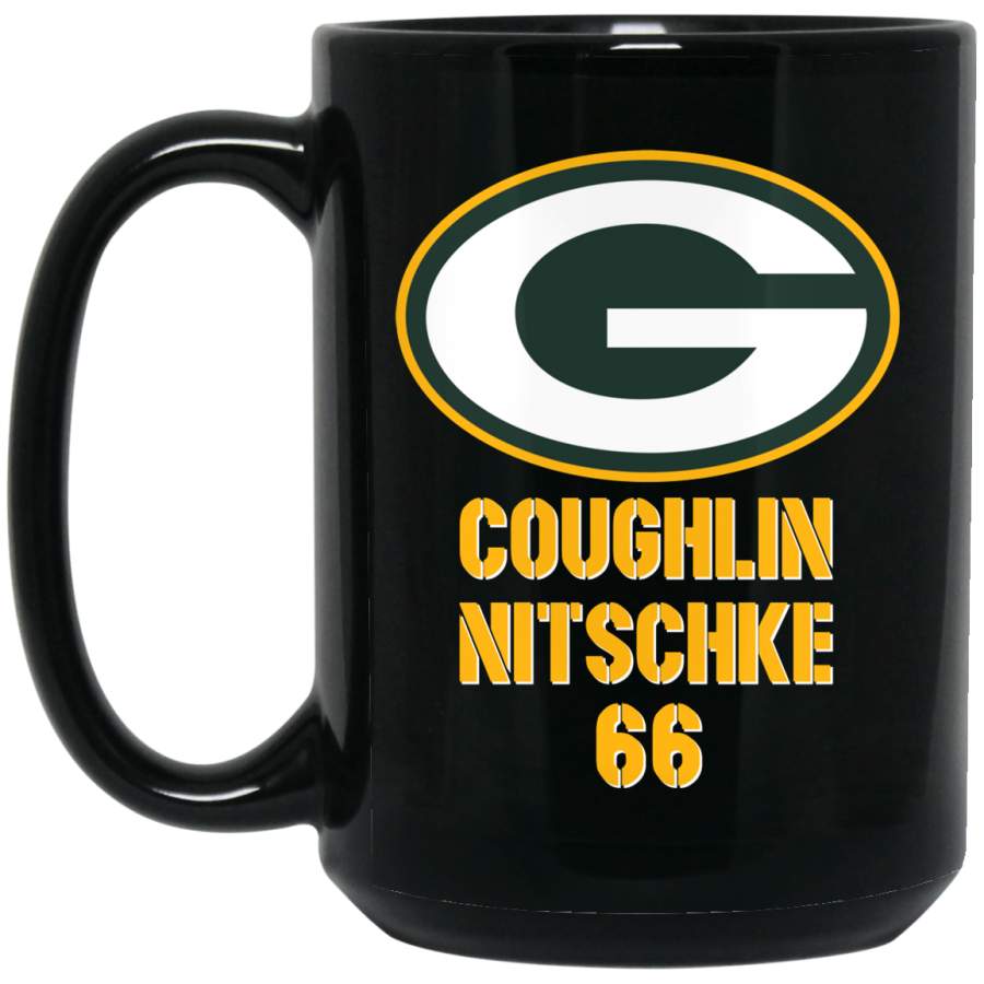 Custom Personalized Green Bay Packer Yellow-White Text Coughlin NITSCHKE BM15OZ 15 oz. Black Mug