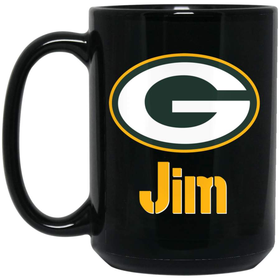 Custom Personalized Green Bay Packer Yellow-White Text Jim BM15OZ 15 oz. Black Mug