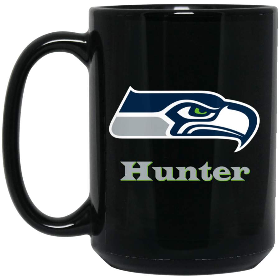 Custom Personalized Seattle Seahawks Silver Text Hunter BM15OZ 15 oz. Black Mug