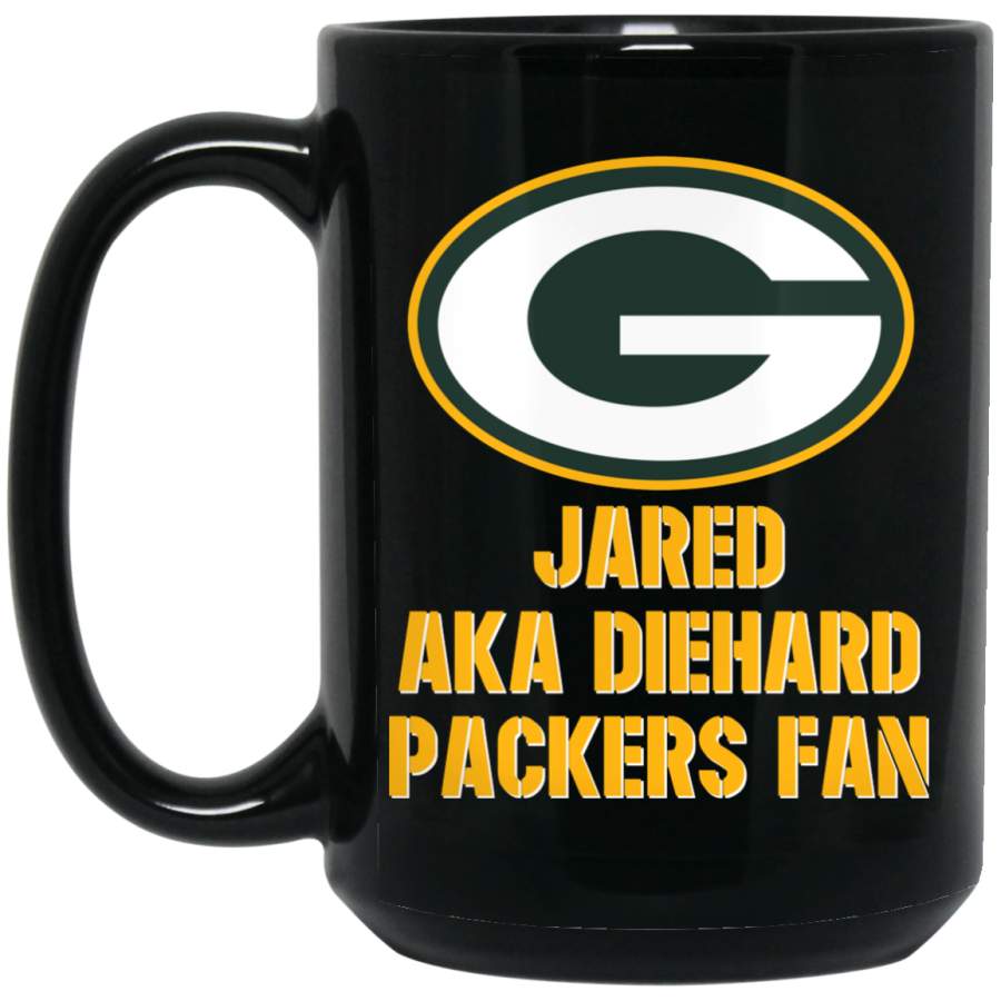 Custom Personalized Green Bay Packer Yellow-White Text Jared AKA DieHard Packers Fan BM15OZ 15 oz. Black Mug