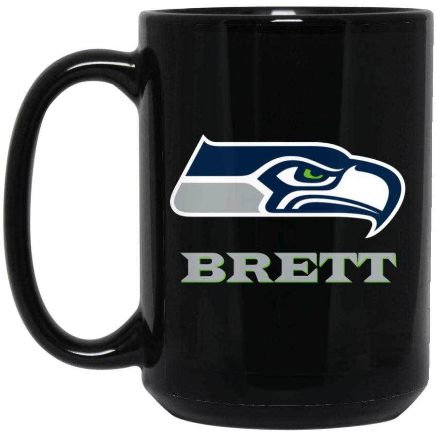 Custom Personalized Seattle Seahawks Silver Text Brett BM15OZ 15 oz. Black Mug