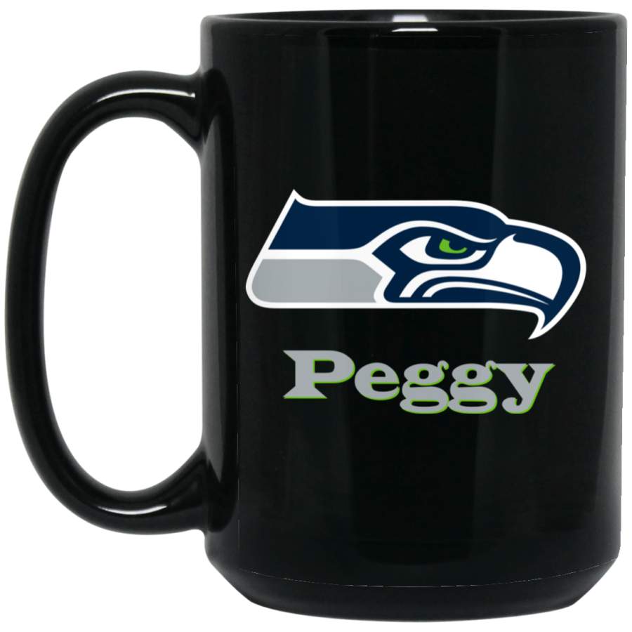 Custom Personalized Seattle Seahawks Silver Text Peggy BM15OZ 15 oz. Black Mug