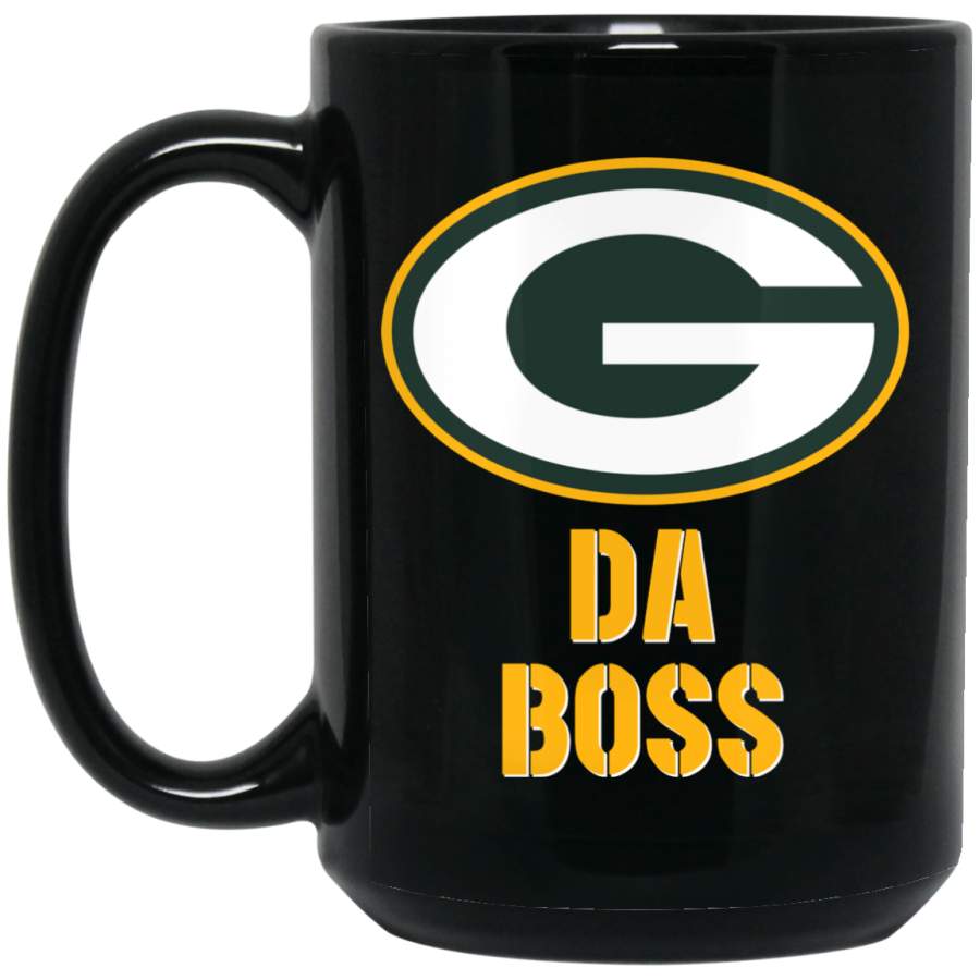 Custom Personalized Green Bay Packer Yellow-White Text Da Boss BM15OZ 15 oz. Black Mug