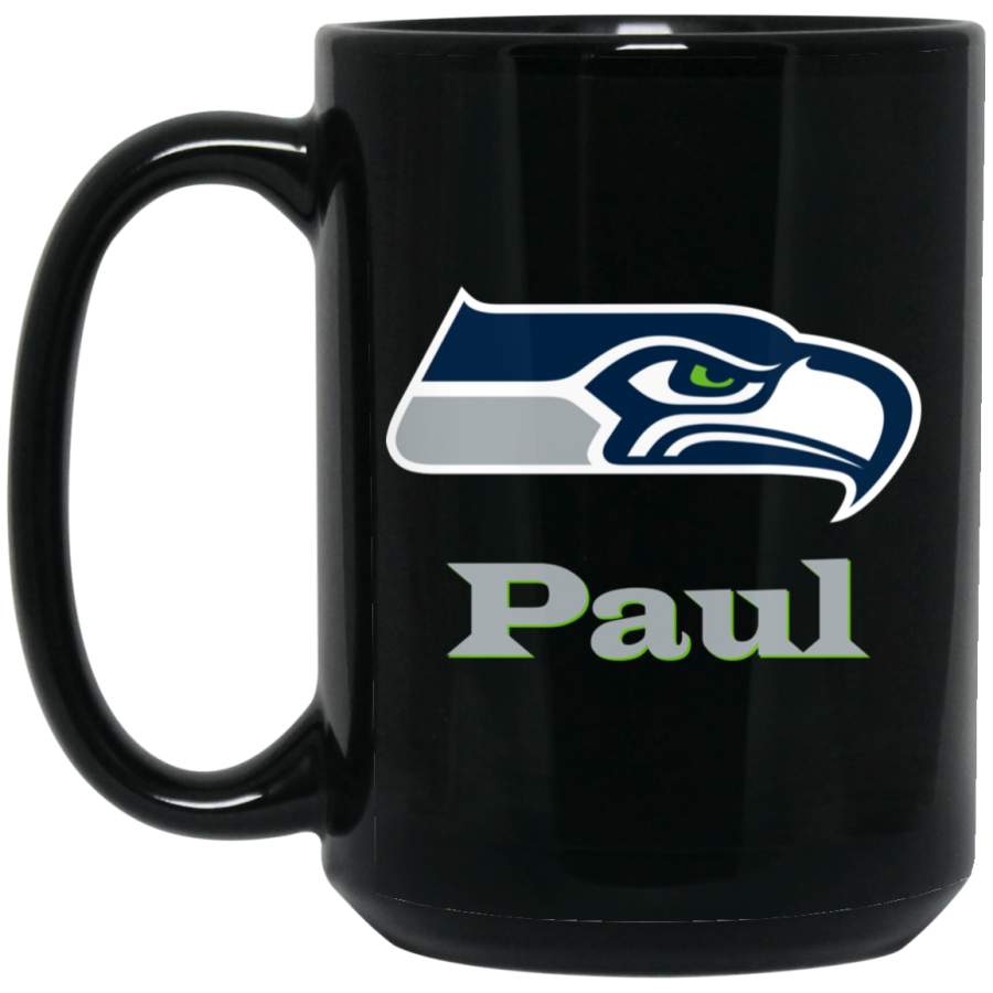 Custom Personalized Seattle Seahawks Silver Text Paul BM15OZ 15 oz. Black Mug