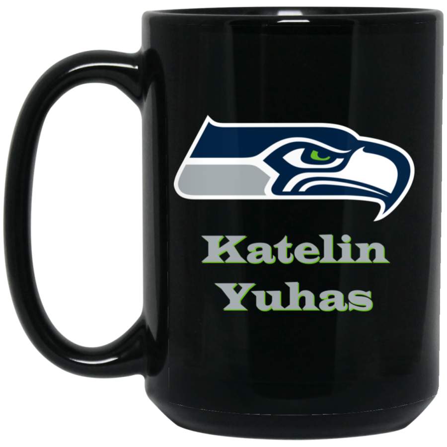 Custom Personalized Seattle Seahawks Silver Text Katelin Yuhas BM15OZ 15 oz. Black Mug