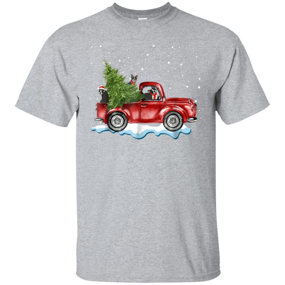 Boston Terrier Dogs Ride Red Truck Christmas Tshirt Gifts