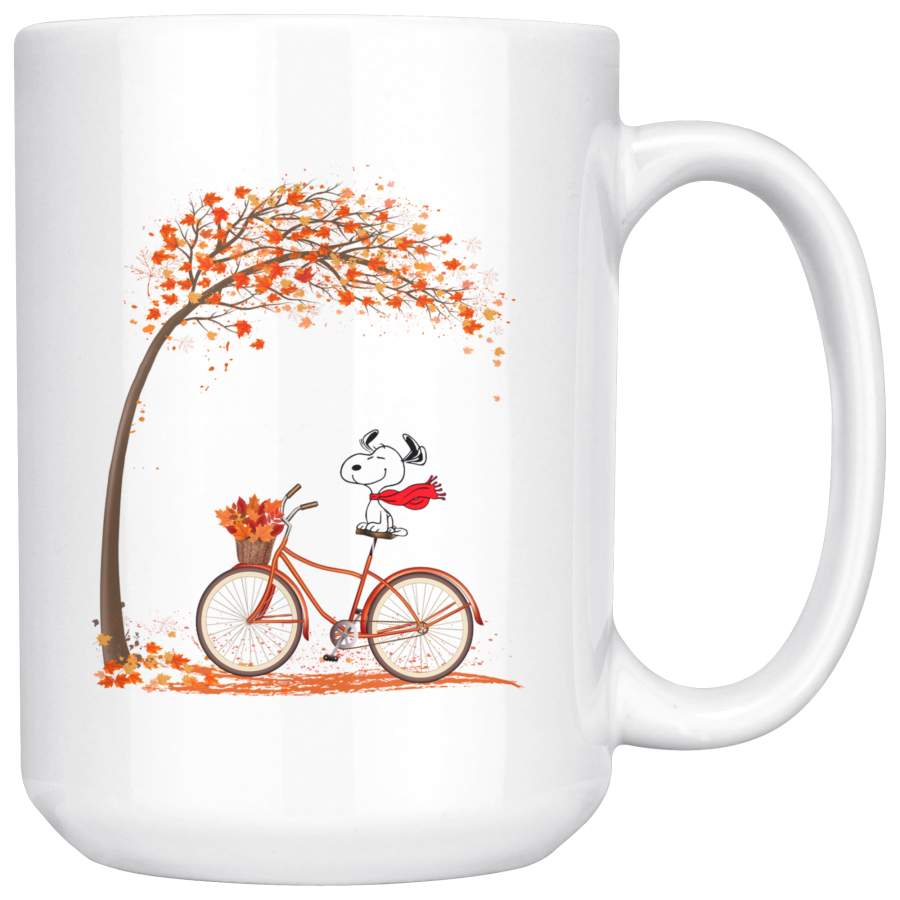 Funny Snoopy Riding Bicycle Autumn Leaf Tree Mug Cup Coffee