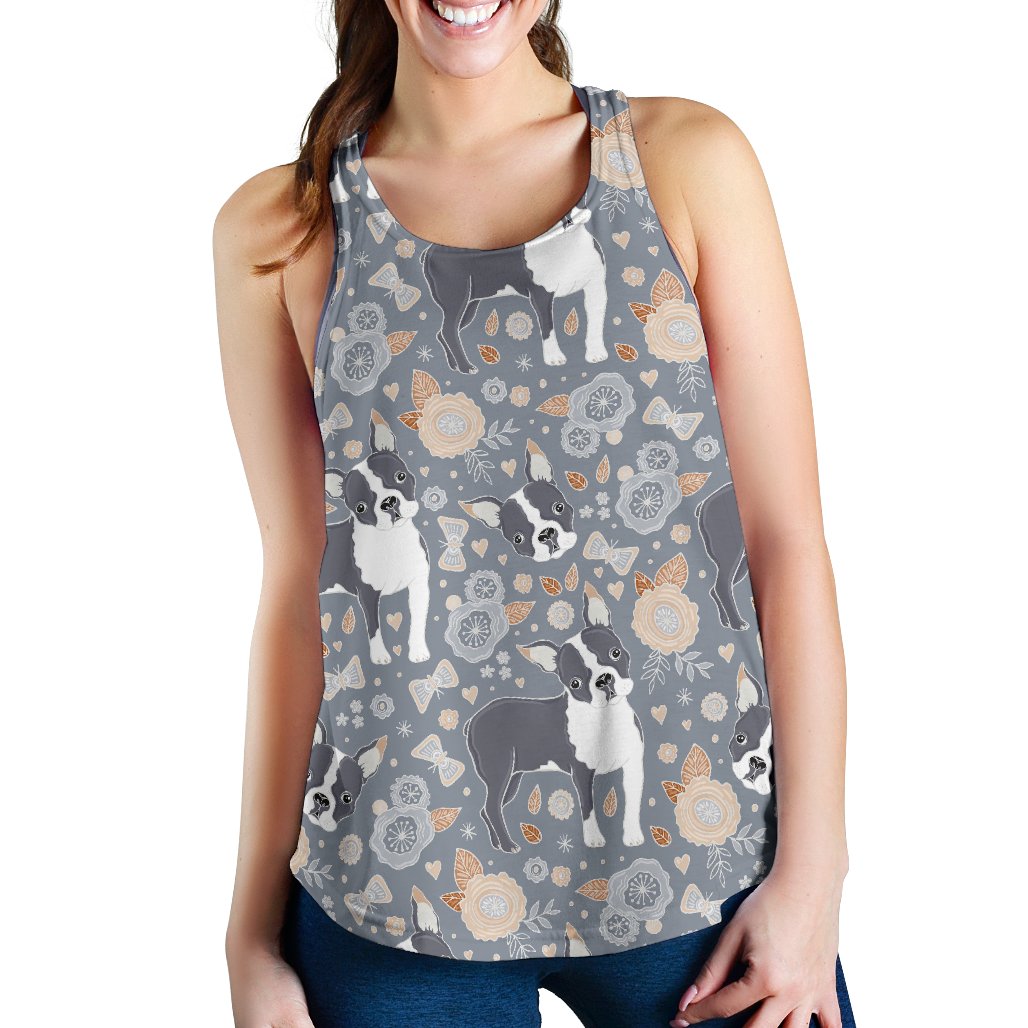 Boston Terrier Flower Pattern Gray Background Women Racerback Tank Top