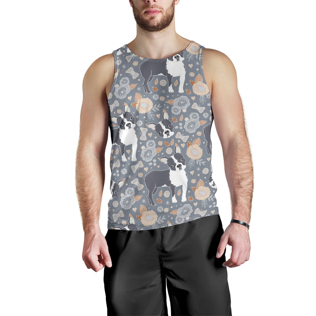 Boston Terrier Flower Pattern Gray Background Men Tank Top