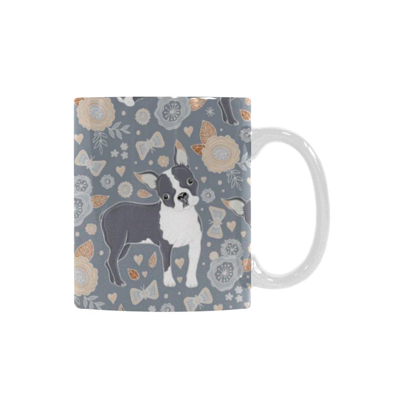 Boston Terrier Flower Pattern Gray Background Classical White Mug (FulFilled In US)