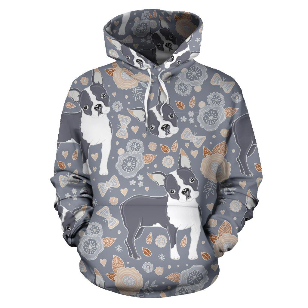 Boston Terrier Flower Pattern Gray Background Men Women Pullover Hoodie