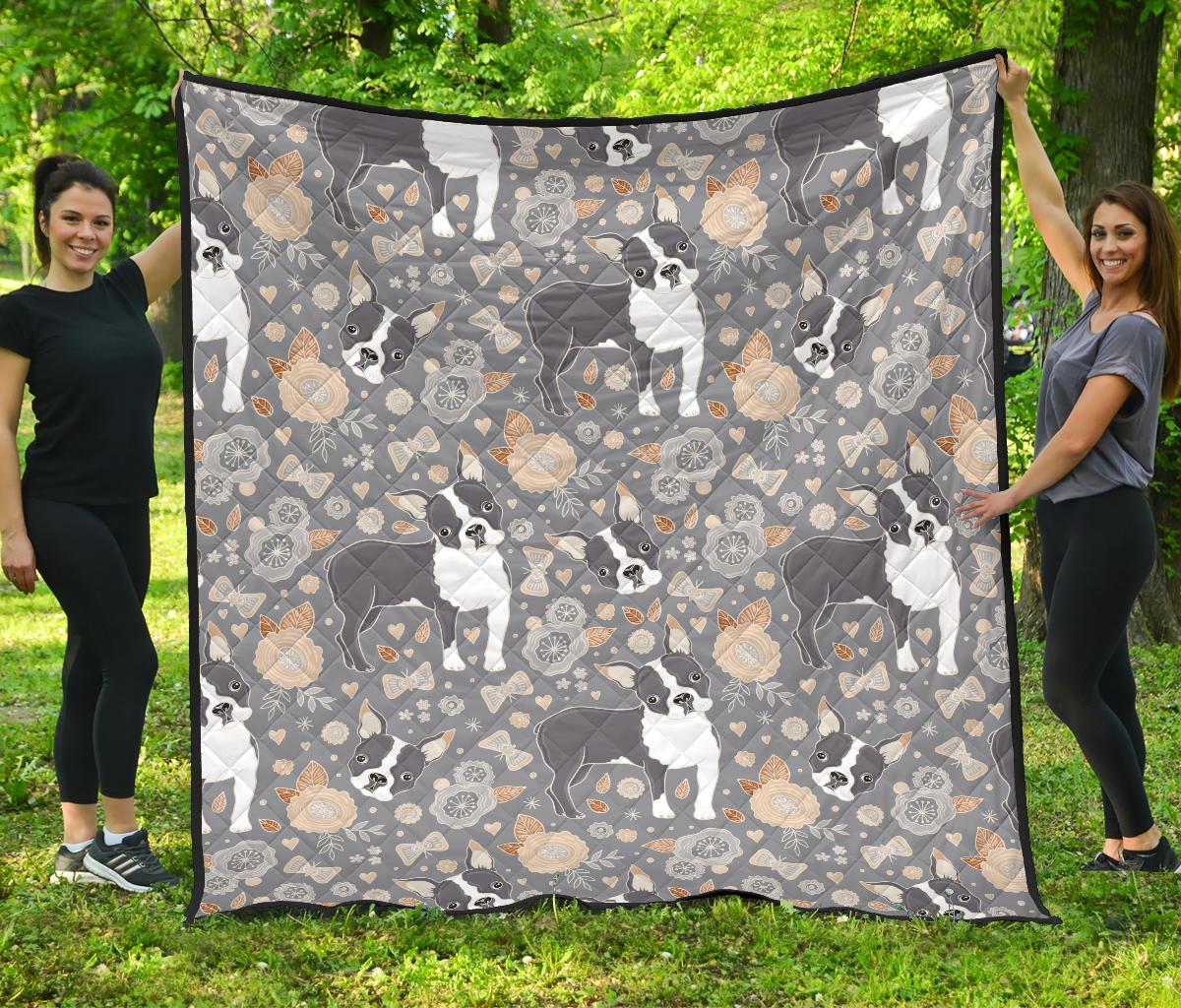 Boston Terrier Flower Pattern Gray Background Premium Quilt