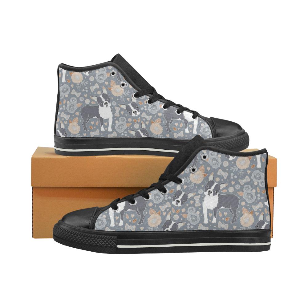 Boston Terrier Flower Pattern Gray Background Women’s High Top Shoes Black