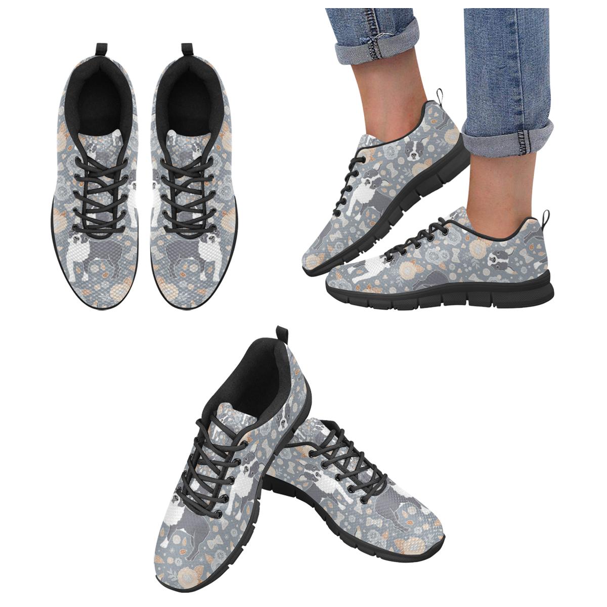 Boston Terrier Flower Pattern Gray Background Women’s Sneakers Black