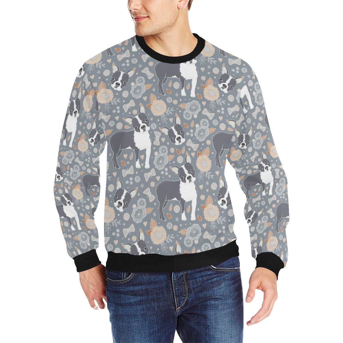 Boston Terrier Flower Pattern Gray Background Men’s Crew Neck Sweatshirt