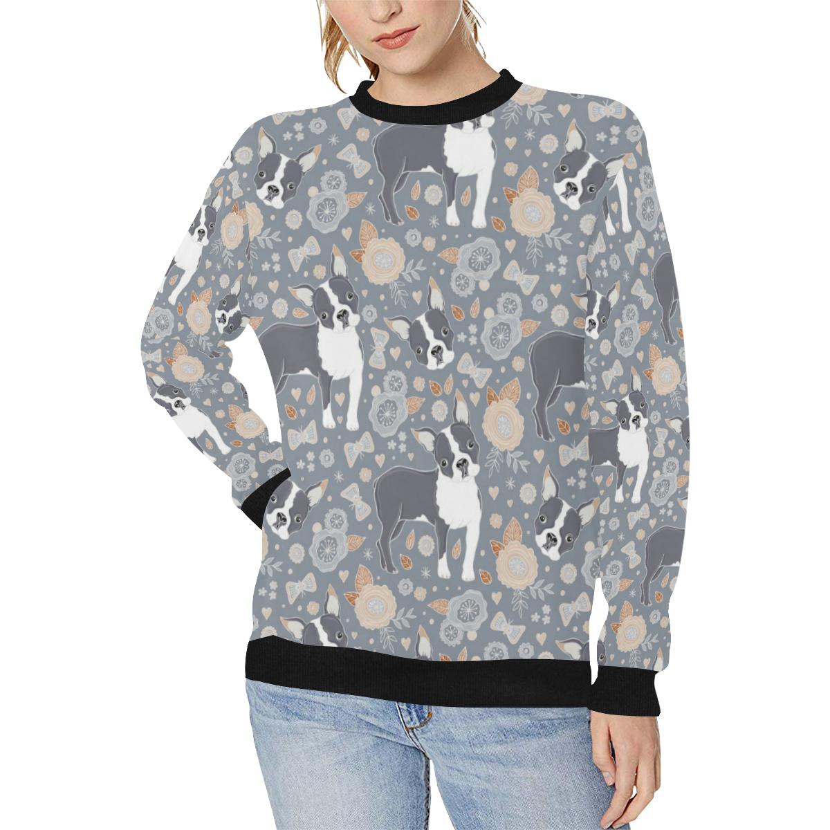 Boston Terrier Flower Pattern Gray Background Women’s Crew Neck Sweatshirt