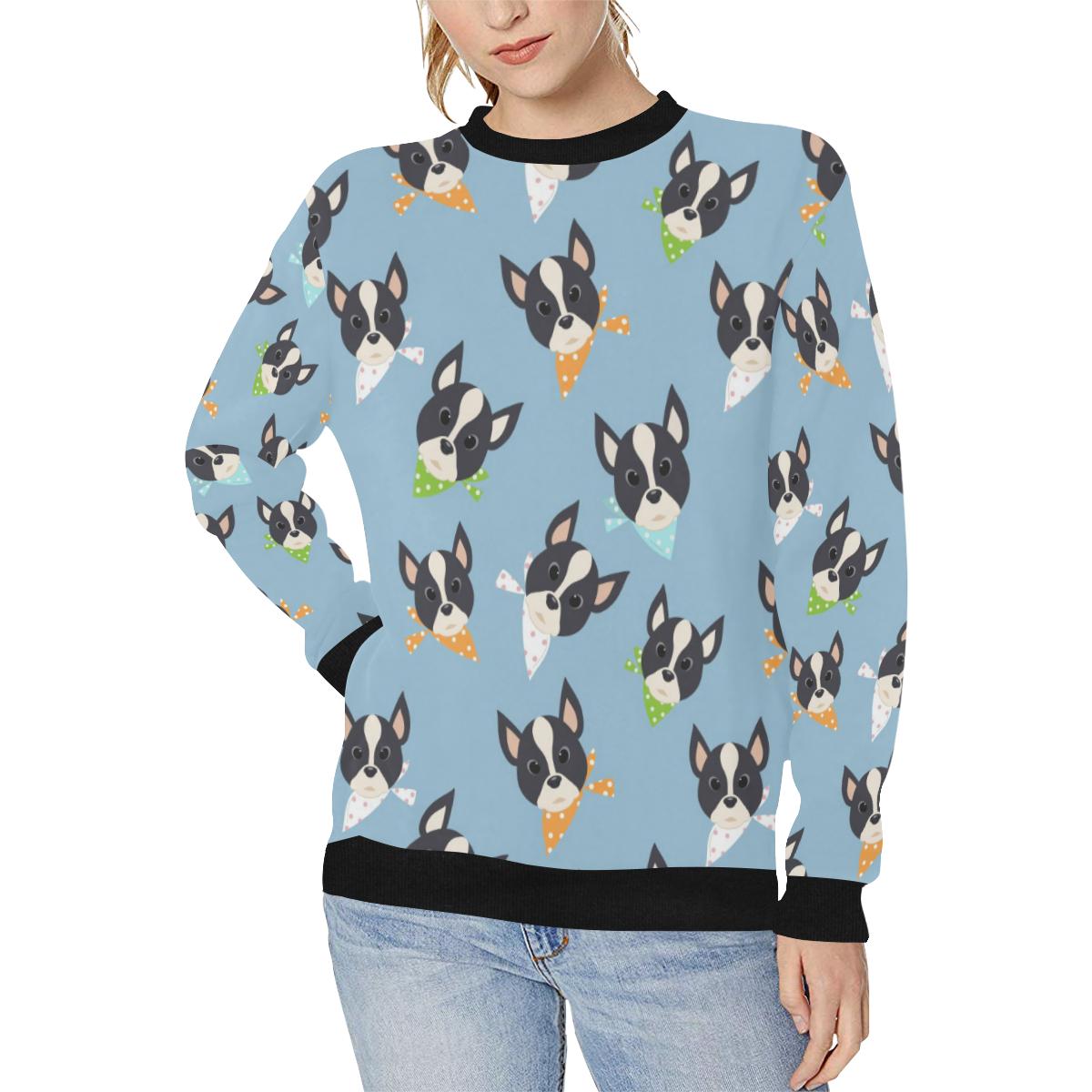 Cute Boston Terrier Pattern Women’s Crew Neck Sweatshirt