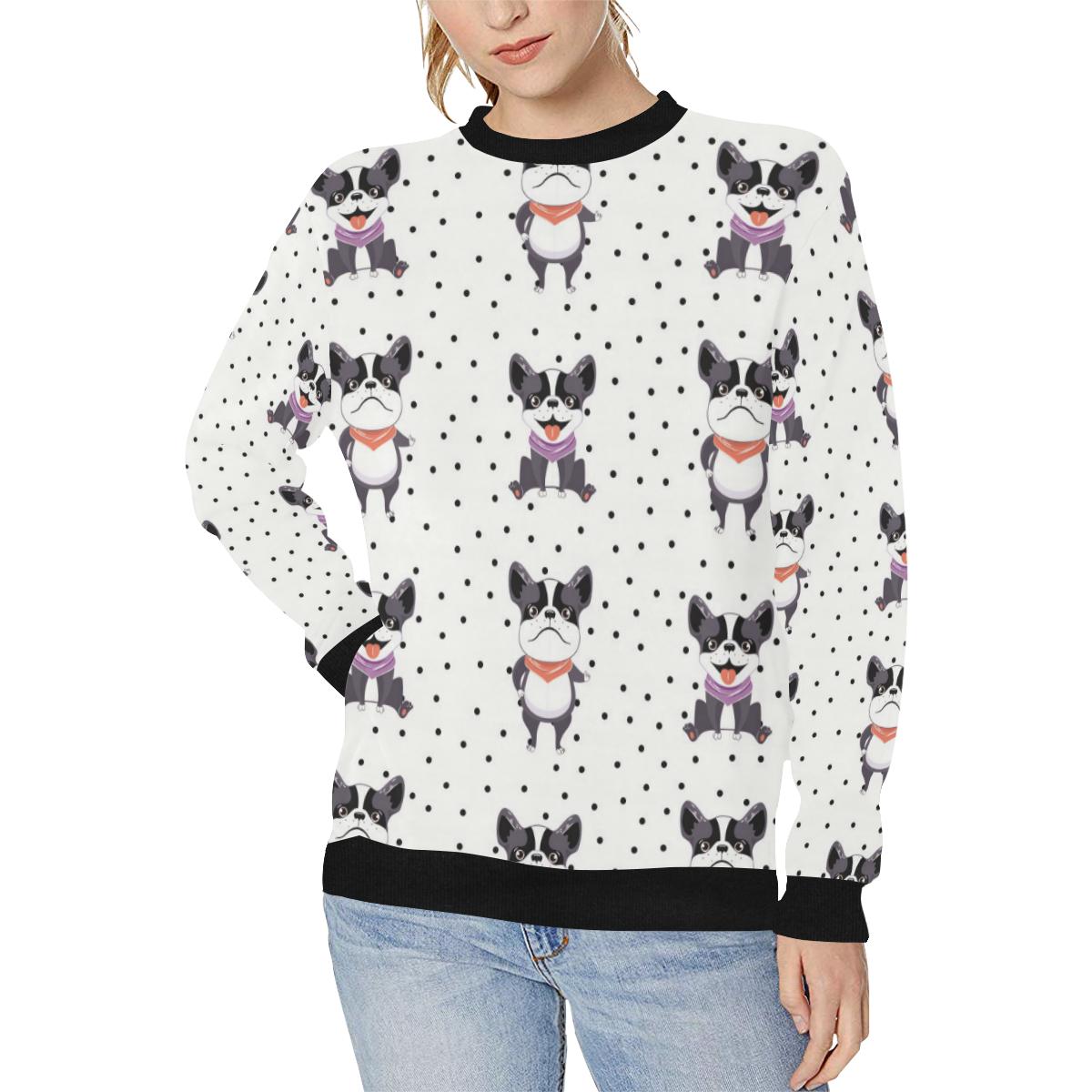 Cute Boston Terrier Pokka Dot Pattern Women’s Crew Neck Sweatshirt