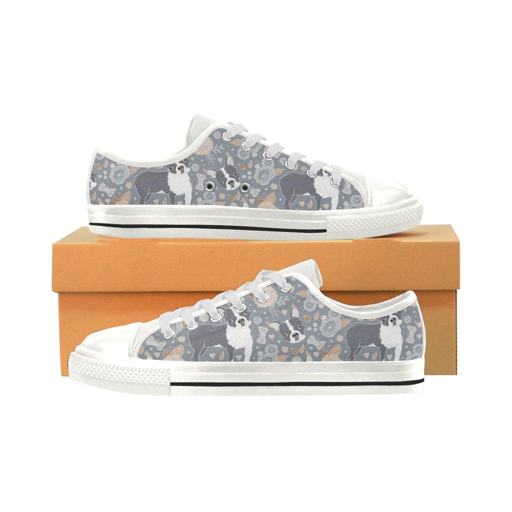 Boston Terrier Flower Pattern Gray Background Women’s Low Top Shoes White