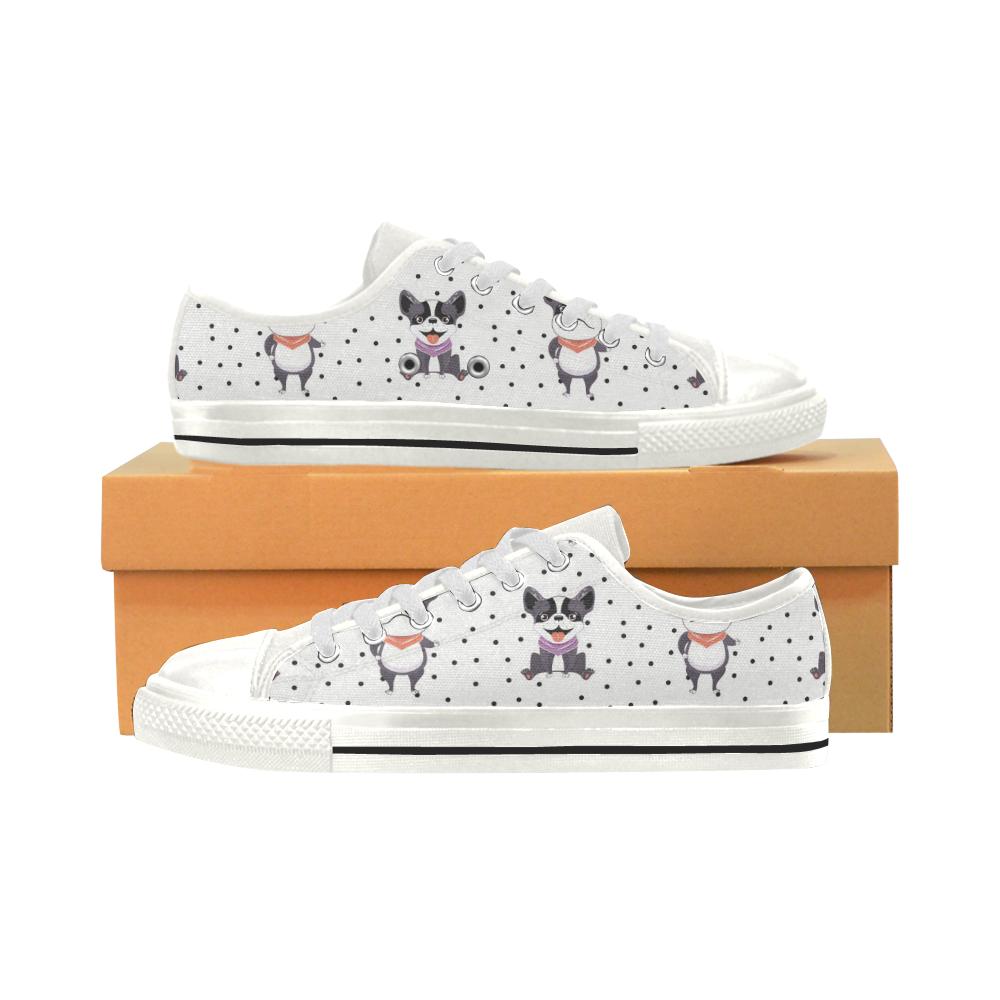 Cute Boston Terrier Pokka Dot Pattern Women’s Low Top Shoes White