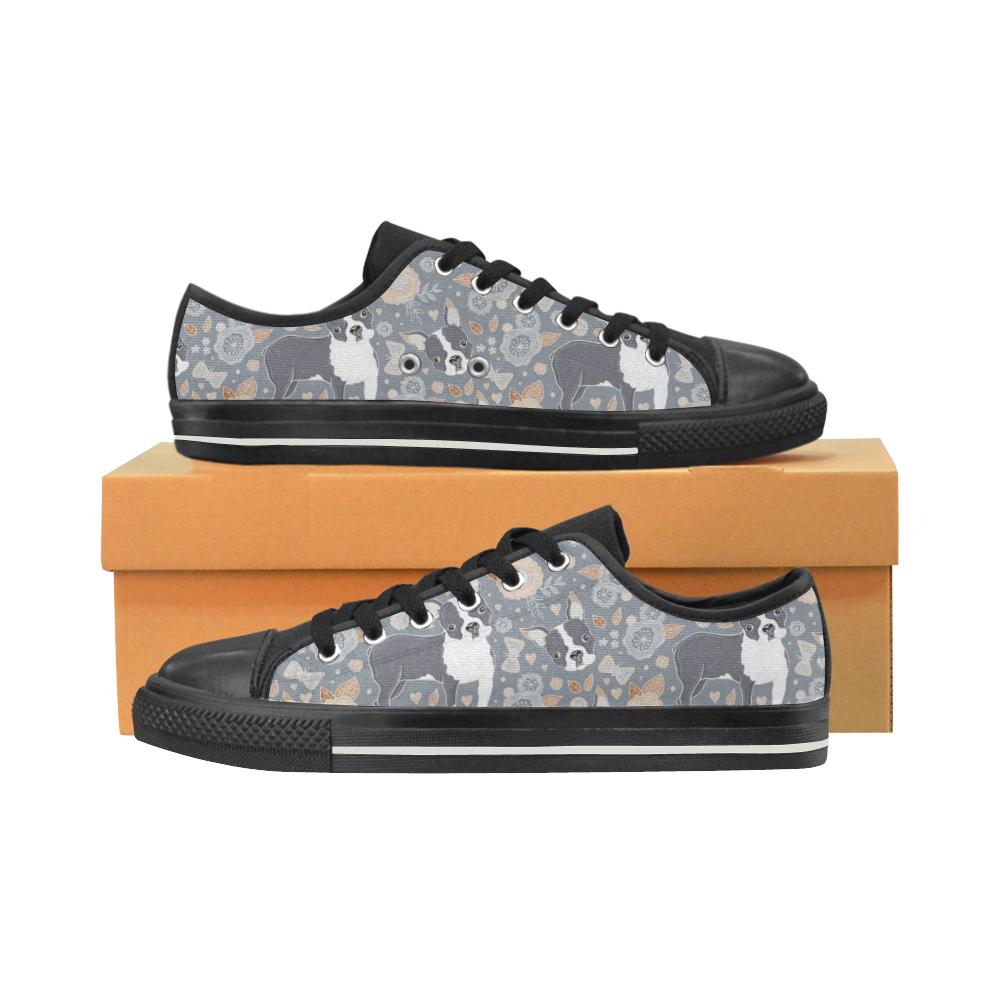 Boston Terrier Flower Pattern Gray Background Men’s Low Top Shoes Black