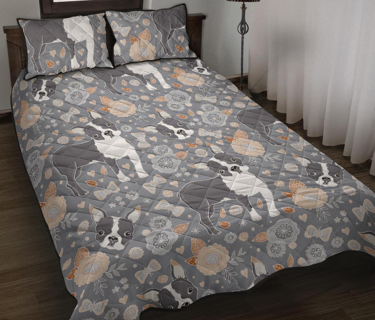 Boston Terrier Flower Pattern Gray Background Quilt Bed Set