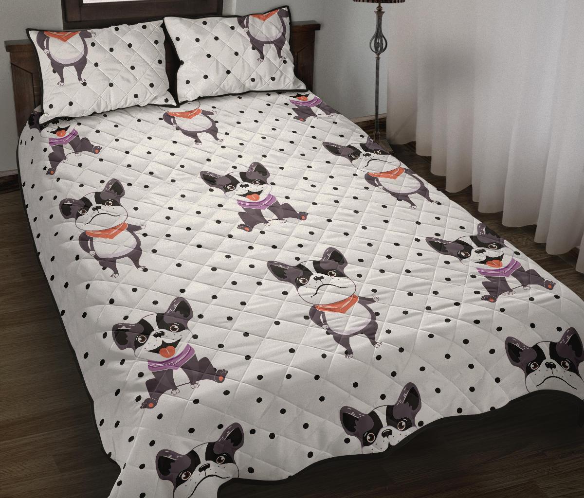 Cute Boston Terrier Pokka Dot Pattern Quilt Bed Set