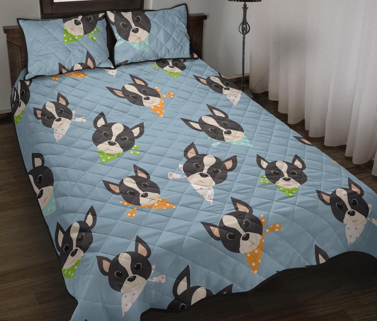 Cute Boston Terrier Pattern Quilt Bed Set