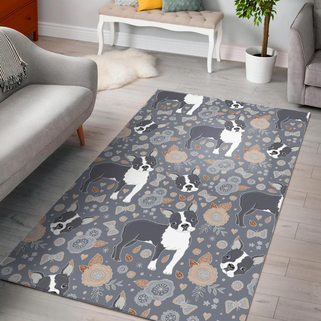 Boston Terrier Flower Pattern Gray Background Area Rug