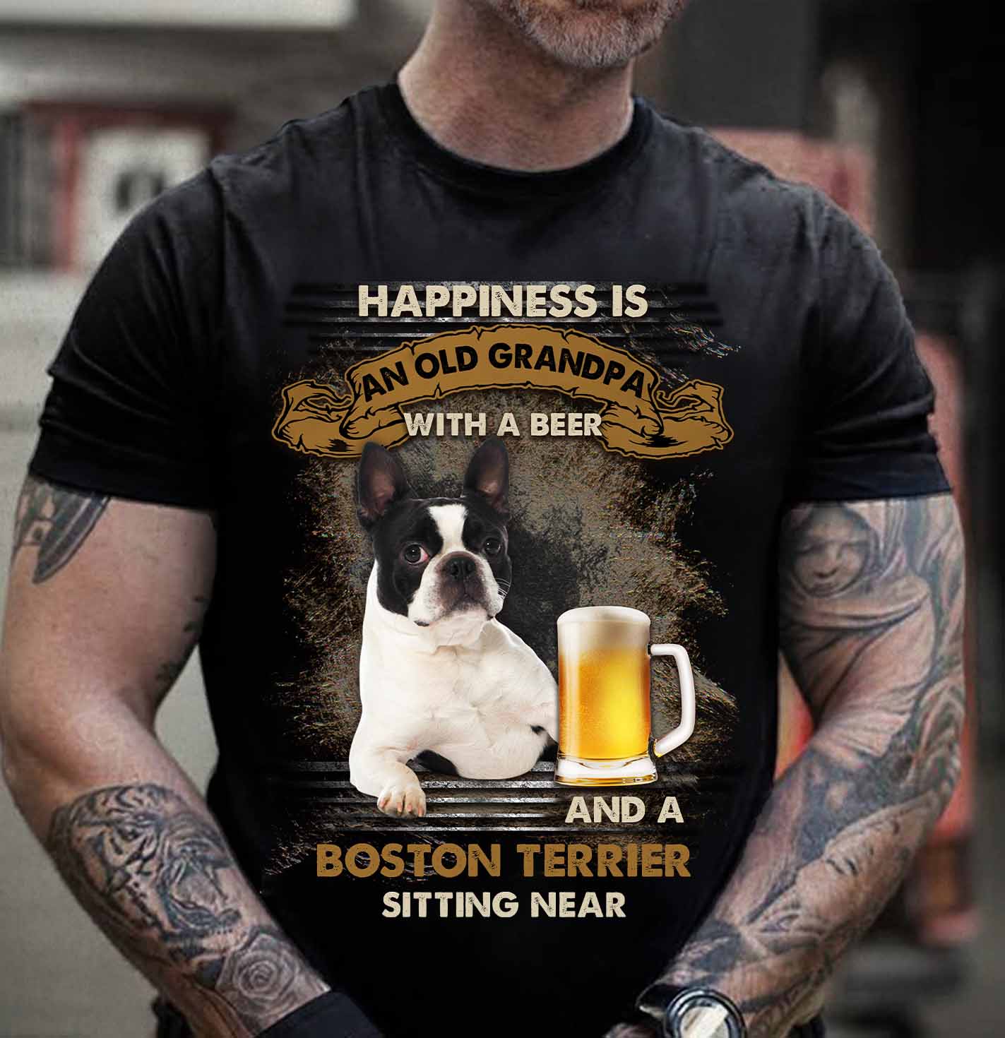 Boston Terrier sitting near Grandpa – Black Standard T-shirt – S M L XL 2XL 3XL 4XL 5XL 010621