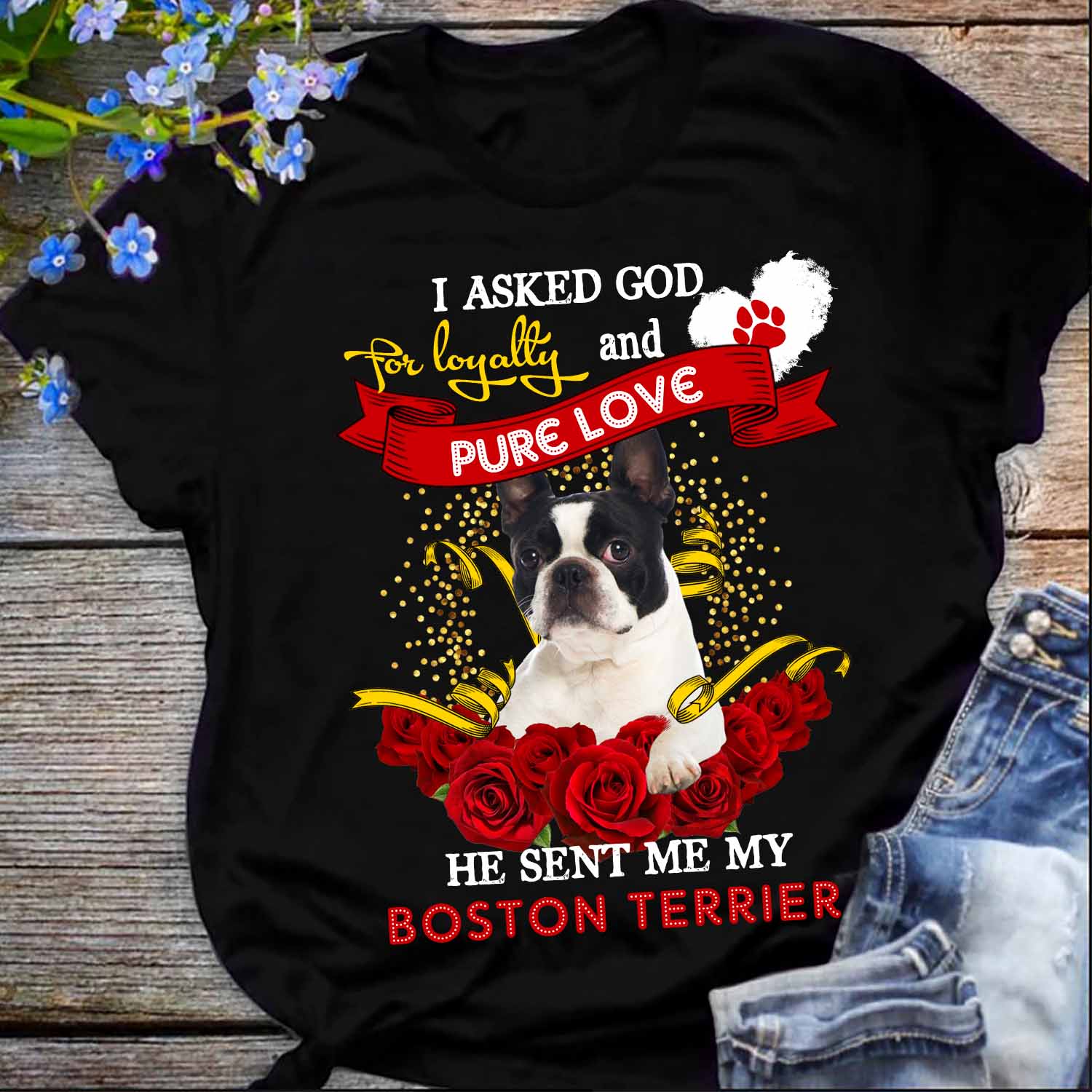 Boston Terrier pure love rose – Standard T-shirt S M L XL 2XL 3XL 4XL 5XL gift for dogs lovers