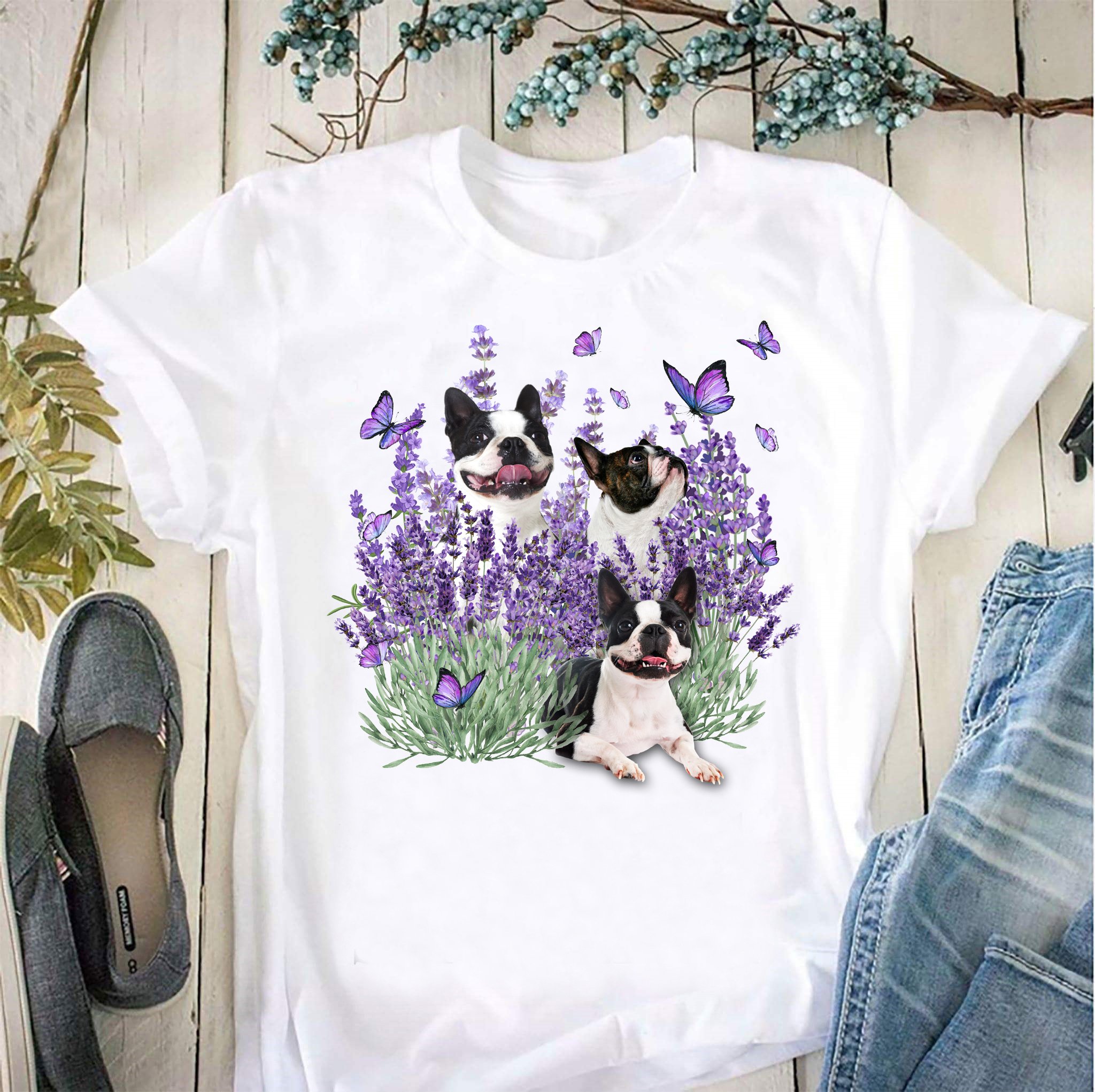 Boston Terrier and Gorgeous Purple Flower – Standard T-shirt White S M L XL 2XL 3XL 4XL 5XL 0208